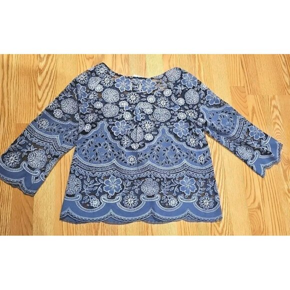 Anthropologie HD In Paris Top Women Sz 4 Blue Lace Peasant Sheer Fairy Woodland - Picture 4 of 6
